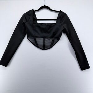 AsYou Womens Black Mesh Corset Crop Top Long Sleeve Square Neck Size US 4